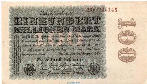 Reichsbanknote , 100 Millionen Mark Schein in gbr. DEU-120.h, Ros.106, P.107 , vom 22.08.1923 , Weimarer Republik - Inflation