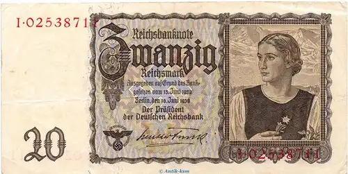 Reichsbanknote , 20 Mark Schein in gbr. DEU-215, Ros.178, P.185 , vom 16.06.1939 , drittes Reich - Reichsbank