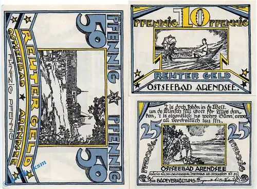 Notgeld Arendsee , Reutergeld Set mit 3 Scheinen in kfr. Mehl Grabowski 41.1 , von 1922 , Mecklenburg Vorpommern Seriennotgeld