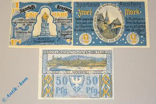 Notgeld Stadt Arnsberg 42.1 , Set mit 3 Scheinen in kfr. von 1921 , Westfalen Seriennotgeld