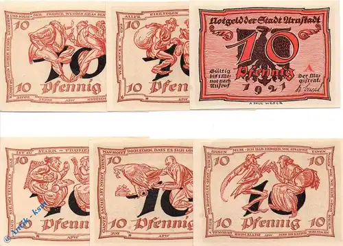 Notgeld Arnstadt , Set mit 6 Scheinen in kfr. Karikaturen , Mehl Grabowski 43.1 , von 1921 , Thüringen Seriennotgeld