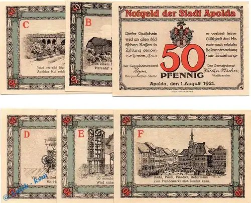 Notgeld Apolda , Stadtansichten , Set mit 6 Scheinen in kfr. orange , Mehl Grabowski 36.3 b , von 1921 , Thüringen Seriennotgeld
