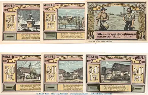 Notgeld Alten und Frauenbreitungen 18.1 , Set mit 6 Scheinen in kfr. von 1921 , Thüringen Seriennotgeld