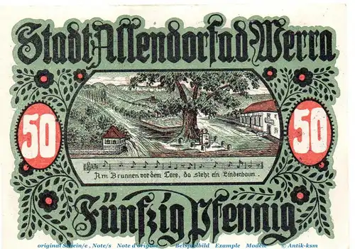 Notgeld Stadt Allendorf 12.1 , 50 Pfennig Schein Serie 1 in kfr. o.D. Hessen Seriennotgeld