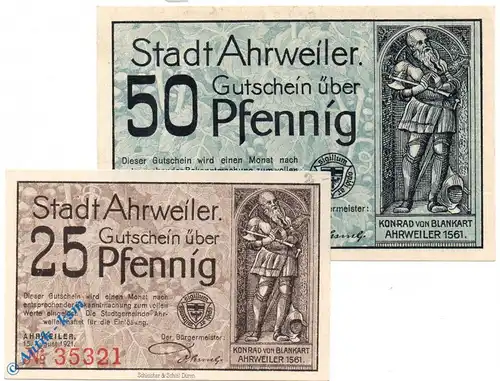 Notgeld Ahrweiler , Set mit 2 Scheinen , o könnten , Mehl Grabowski 7.1 , von 1921 , Rheinland Serien Notgeld