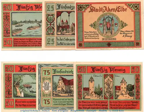 Notgeld Stadt Aken, 8.3 , Set mit 6 Scheinen in kfr. von 1921 , Sachsen Anhalt Seriennotgeld