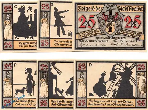 Notgeld Apolda , Schattenbilder , Set mit 6 Scheinen in kfr. Mehl Grabowski 36.2 , von 1921 , Thüringen Seriennotgeld