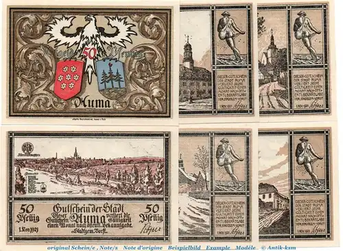 Notgeld Stadt Auma, 55.4-5 , Set mit 6 Scheinen in kfr. von 1921 , Thüringen Seriennotgeld