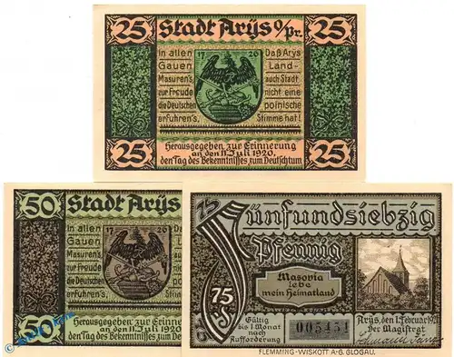 Notgeld Arys , Set mit 3 Scheinen in kfr. Mehl Grabowski 47.1 , von 1921 , Ostpreussen Seriennotgeld
