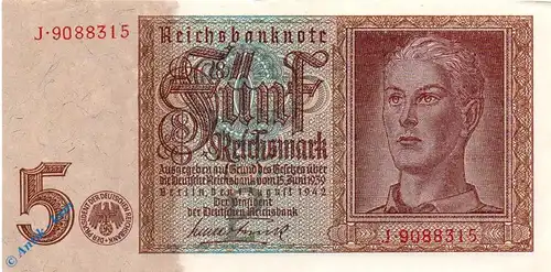 Reichsbanknote , 5 Mark Schein Kn 7-stellig , l-gbr , DEU-220 a , Rosenberg 179 , P 186 , 01.08.1942 , Drittes Reich