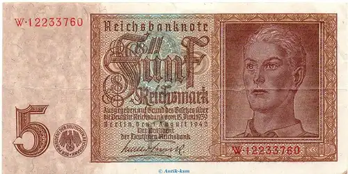 Reichsbanknote , 5 Mark Schein in gbr. DEU-220.b, Ros.179, P.186 , vom 01.08.1942 , 3. Reich - Reichsbank