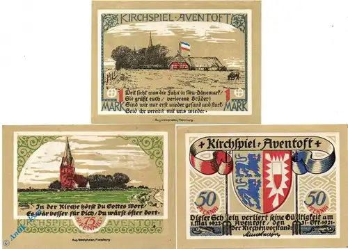 Notgeld Aventoft , Satz mit 3 Scheinen , Mehl Grabowski 57.1 , von 1921 , Schleswig Holstein Seriennotgeld