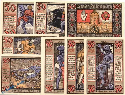 Notgeld Altenburg , Prinzenraubserie 2 Us , Set mit 8 Scheinen in kfr. Mehl Grabowski 21.1 b , von 1921 , Thüringen Seriennotgeld