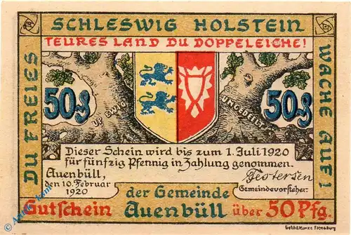 Notgeld Auenbüll , 50 Pfennig Schein , Mehl Grabowski 52.3 a , von 1920 , Dänisch Nordschleswig Seriennotgeld