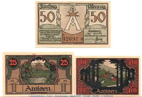 Notgeld Stadt Arolsen 44.1 , Set mit 3 Scheinen in kfr. von 1921 , Hessen Seriennotgeld