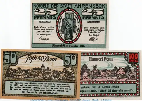 Notgeld Stadt Ahrensbök 6.1 , Set mit 3 Scheinen in kfr. von 1920 , Schleswig Holstein Seriennotgeld
