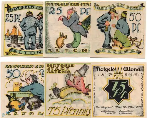 Notgeld Altona, Set mit 6 Scheinen in kfr. Z-Muster , Mehl Grabowski 30.2 , von 1921 , Hamburg Seriennotgeld
