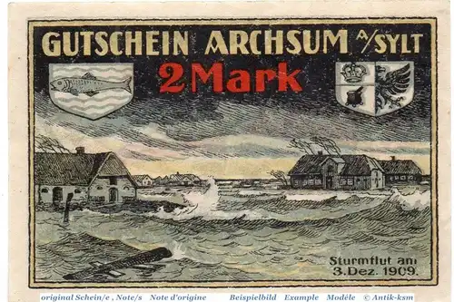 Notgeld Archsum , 2 Mark Schein in kfr. Mehl Grabowski 40.1 , von 1921 , Schleswig Holstein Seriennotgeld