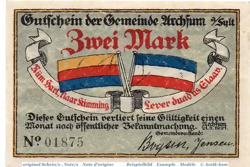 Notgeld Archsum , 2 Mark Schein in kfr. Mehl Grabowski 40.1 , von 1921 , Schleswig Holstein Seriennotgeld