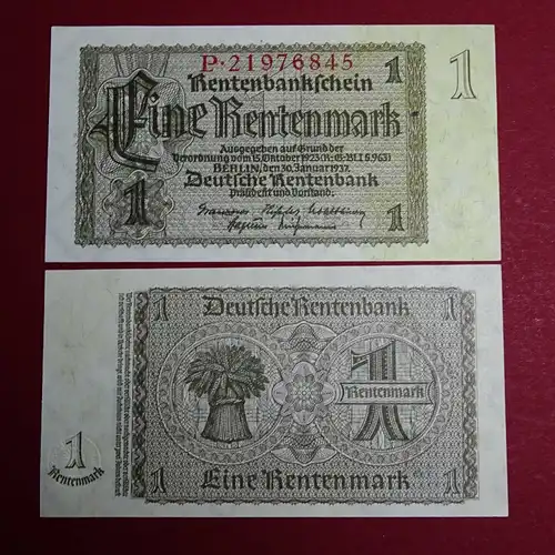 Ros. 166 b, Banknote über 1 Mark Rentenmark vom 30.01.1937, 8 stellige KN, Wz - Kleinkaro , in fast kassenfrischer Erhaltung , 1 bis 2