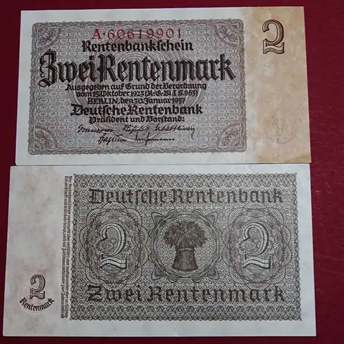 Ros. 167 b, Banknote über 2 Mark Rentenmark vom 30.01.1937, 8 stellige KN, Wz - Kreuzball , in fast kassenfrischer Erhaltung , 1 bis 2