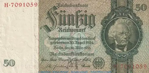 Reichsbanknote , 50 Mark Schein -M- in gbr. DEU-210.a, Ros.175, P.182 , vom 30.03.1933 , deutsches Reich - Reichsbank