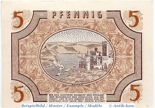 Geldschein über 5 Pfennig , Rheinland Pfalz , Alliierte Besatzung , Rosenberg 211 , Banknote vom 15.10.1947