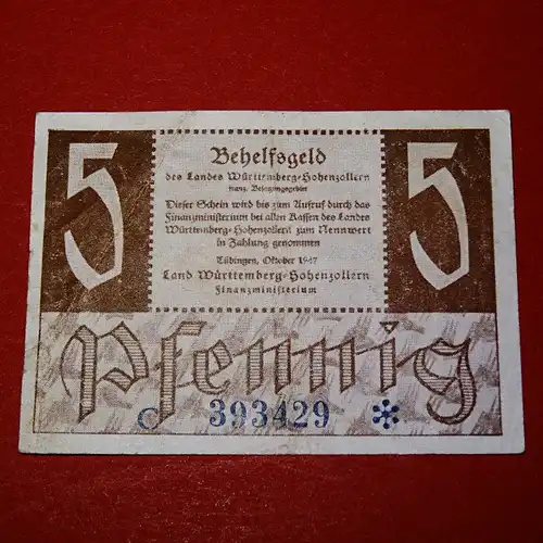 Ros.214 , Banknote über 5 Pfennig , Württemberg Hohenzollern Finanzministerium , Pfennig Schein vom Oktober 1947 , Wasserzeichen - Bogenkreuzmuster , Kennnummer 6 stellig , in leicht gebrauchter Erhaltung