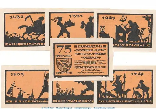 Notgeld Stadt Ansbach , Set -KN blaugrün- mit 7 Scheinen in kfr. von 1921 , Bayern Seriennotgeld