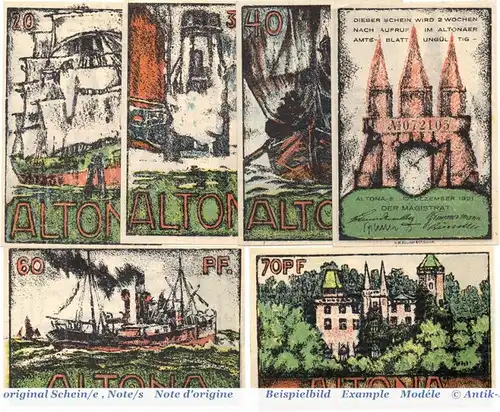 Notgeld Altona , Set mit 6 Scheinen in kfr. Mehl Grabowski 30.4 , von 1921 , Hamburg Seriennotgeld