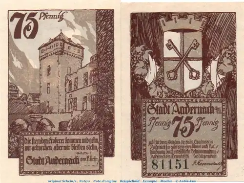 Notgeld Stadt Andernach 32.2 , 75 Pfennig Schein in kfr. von 1920 , Rheinland Seriennotgeld