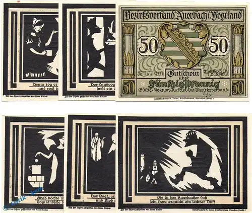 Notgeld Amtshauptmannschaft Auerbach 53.1.a , Set mit 6 Scheinen in kfr. von 1921 , Sachsen Seriennotgeld