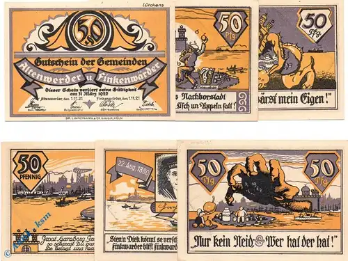 Notgeld Altenwerder und Finkenwerder , Papier klar , Set mit 6 Scheinen , Mehl Grabowski 971.2 , von 1921 , Hamburg Seriennotgeld