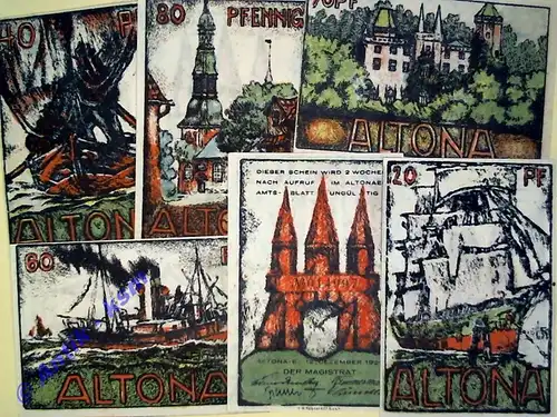 Notgeld Stadt Altona 30.3 , Set mit 6 Scheinen -Wz.Tropfen- in kfr. von 1921 , Hamburg Seriennotgeld