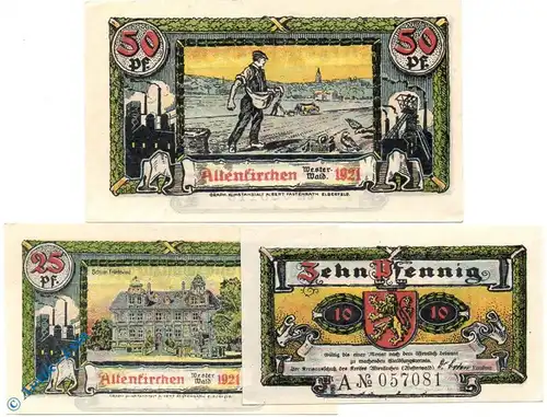 Notgeld Altenkirchen , Set mit 3 Scheinen A in kfr. Mehl Grabowski 24.1 a , von 1921 , Rheinland Pfalz Seriennotgeld