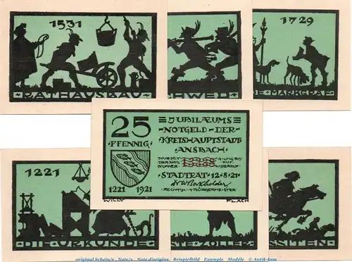 Notgeld Stadt Ansbach 35.1.a , Set mit 7 Scheinen in kfr. Kn rot , von 1921 , Bayern Seriennotgeld