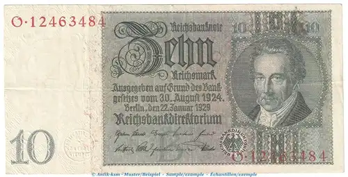 Reichsbanknote , 10 Mark Schein -B 3- in gbr. DEU-183.a, Ros.173, P.180 , vom 22.01.1929 , Weimarer Republik - Reichsbank