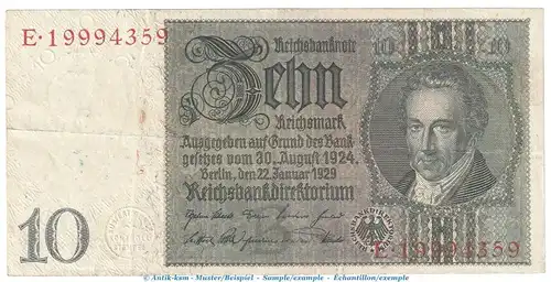 Reichsbanknote , 10 Mark Schein -B 1- in gbr. DEU-183.a, Ros.173, P.180 , vom 22.01.1929 , Weimarer Republik - Reichsbank