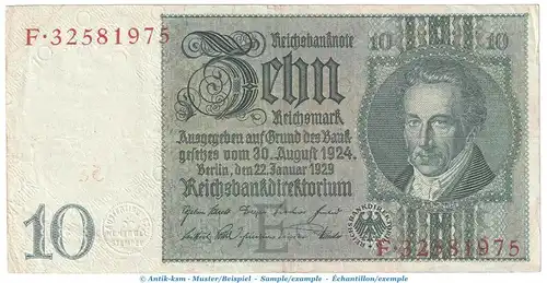 Reichsbanknote , 10 Mark Schein -E 1- in gbr. DEU-183.a, Ros.173, P.180 , vom 22.01.1929 , Weimarer Republik - Reichsbank
