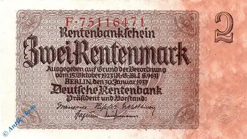 Rentenbanknote , 2 Mark Schein Kn 8 , in kfr. , DEU-223 b , Ros.167 , P.174 , 30.01.1937 , Drittes Reich - Rentenbank