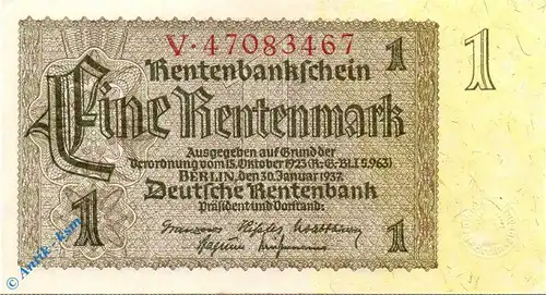Rentenbanknote , 1 Mark Schein Kn 8-stellig , DEU-222 b , Rosenberg 166 , P 173 , 30.01.1937 , Drittes Reich
