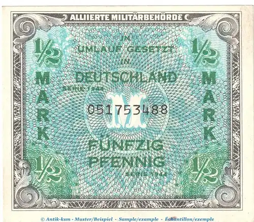 Banknote über 1 halbe Mark , AMB-1.a, Ros.200, P.191 US-Druck , Alliierte Banknote von 1944