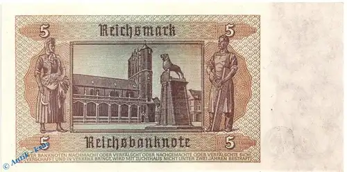 Reichsbanknote , 5 Mark Schein , DEU-220 b , Rosenberg 179 , P 186 , vom 01.08.1942 , Reichbank drittes Reich