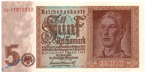 Reichsbanknote , 5 Mark Schein , DEU-220 b , Rosenberg 179 , P 186 , vom 01.08.1942 , Reichbank drittes Reich