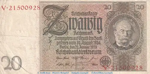 Reichsbanknote , 20 Mark Schein -E 2- in gbr. DEU-184.a, Ros.174, P.81 , vom 22.01.1929 , Weimarer Republik - Reichsbank