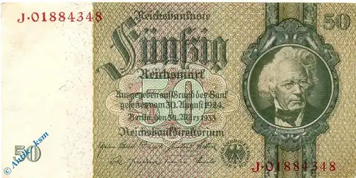 Reichsbanknote , 50 Mark Schein kfr , Kriegsdruck II , DEU-210 d , Rosenberg 175 , Pick 182 , von 1933 , Drittes Reich