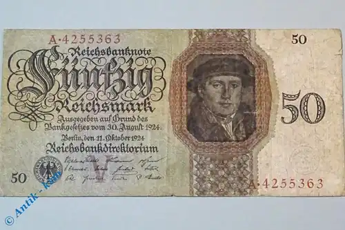 Reichsmark Reichsbanknote über 50 Mark , V  A , Rosenberg 170 a , Banknote vom 11.10.1924