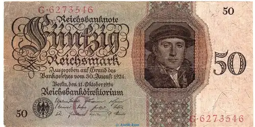 Reichsbanknote , 50 Mark Schein -C- in gbr. DEU-176.a, Ros.170, P.177 vom 11.10.1924 , deutsche Reichsbank