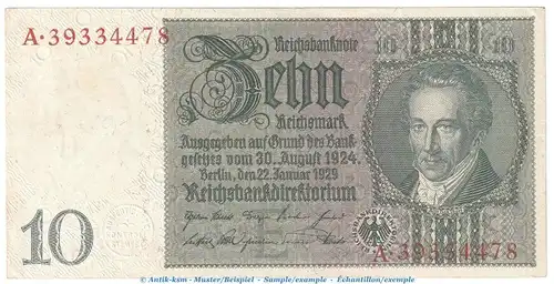 Reichsbanknote , 10 Mark Schein -E 2- in kfr. DEU-183.b, Ros.173, P.180 , vom 22.01.1929 , Weimarer Republik - Reichsbank