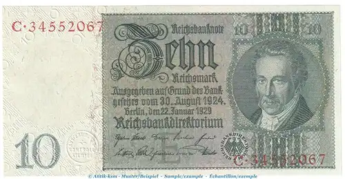 Reichsbanknote , 10 Mark Schein -E 1- in f-kfr. DEU-183.a, Ros.173, P.180 , vom 22.01.1929 , Weimarer Republik - Reichsbank